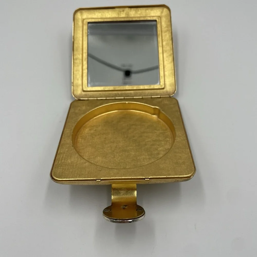 Vintage Gold Tone Metal Rhinestone Clasp Mirror Powder Compact Box Avon Imperial